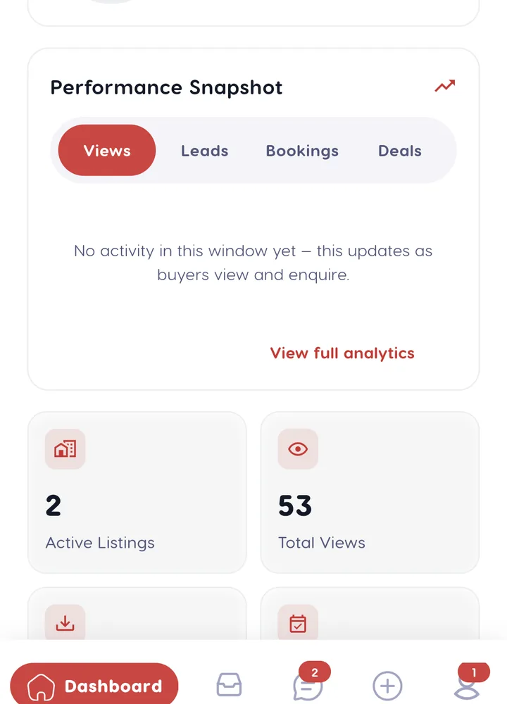 The Liivra owner dashboard: live performance snapshot, active listings and total views