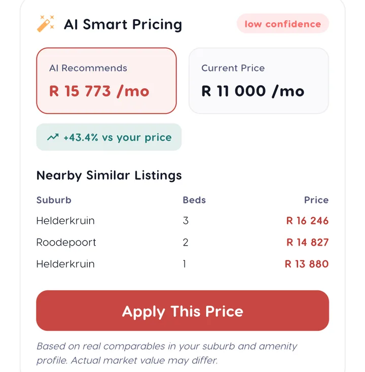 Liivra AI smart pricing recommending a rent from real nearby comparables