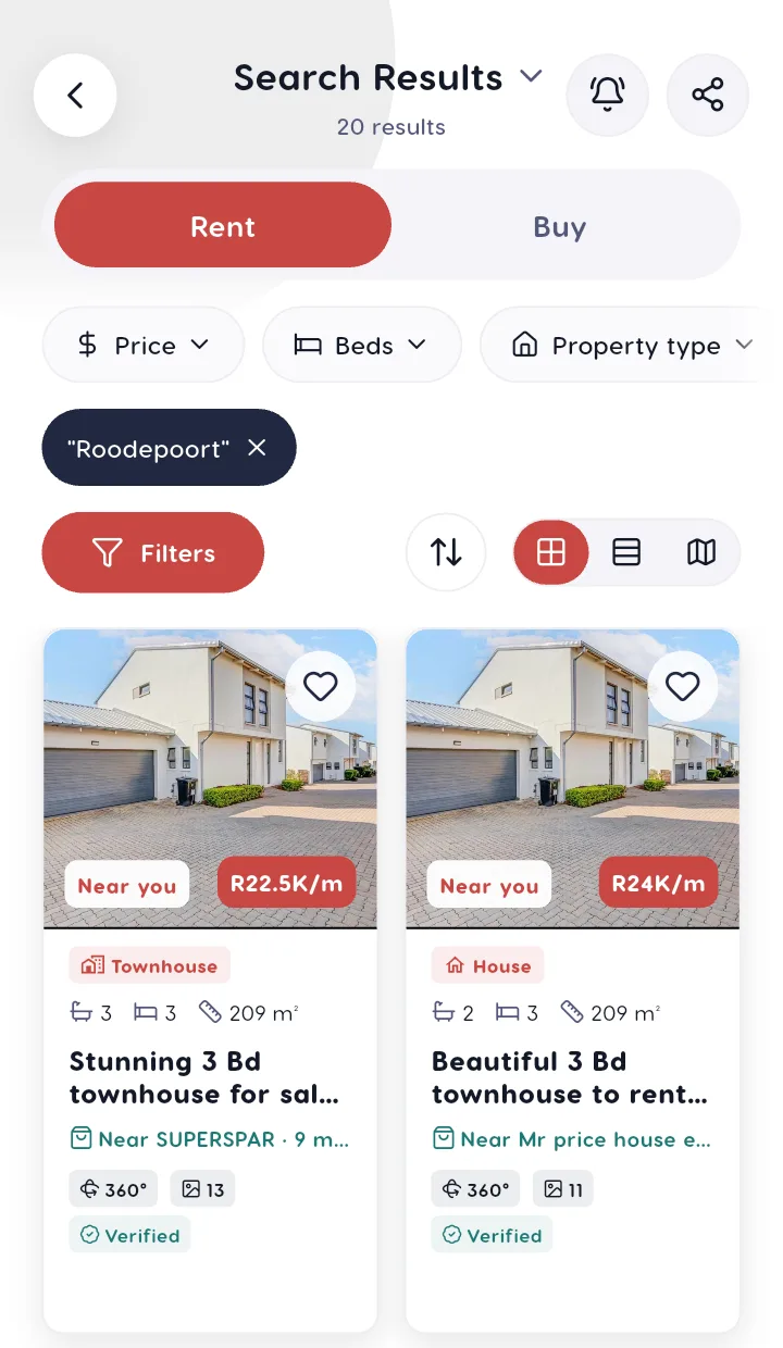 Real Liivra search results with verified badges, 360° tours and ZAR prices
