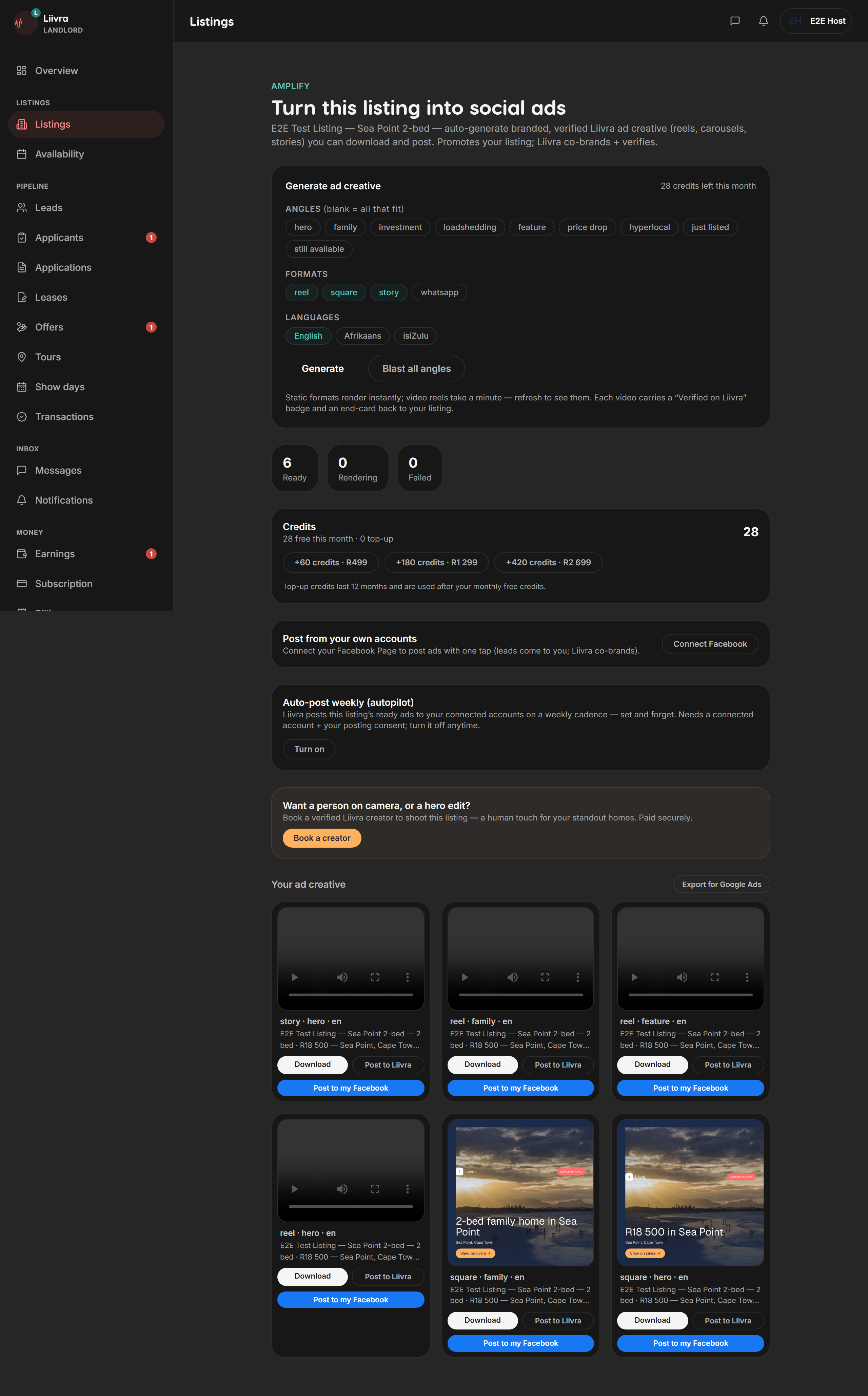 Amplify credit balance — Liivra web (dark)