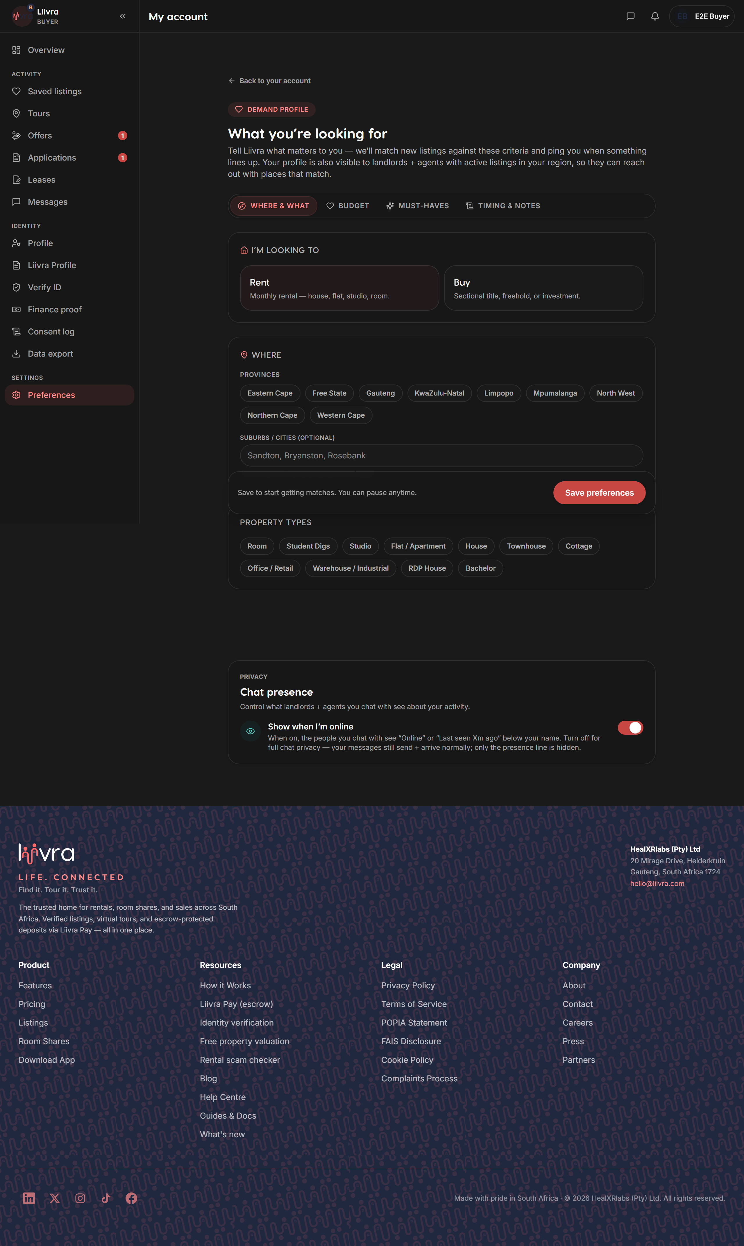 Account preferences — Liivra web (dark)