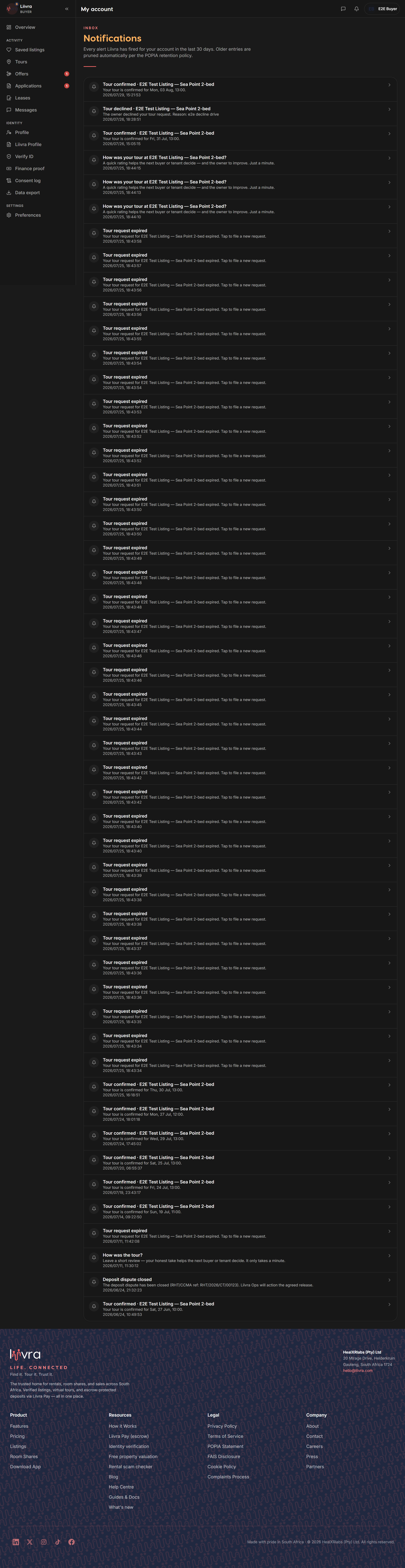 Account notifications — Liivra web (dark)
