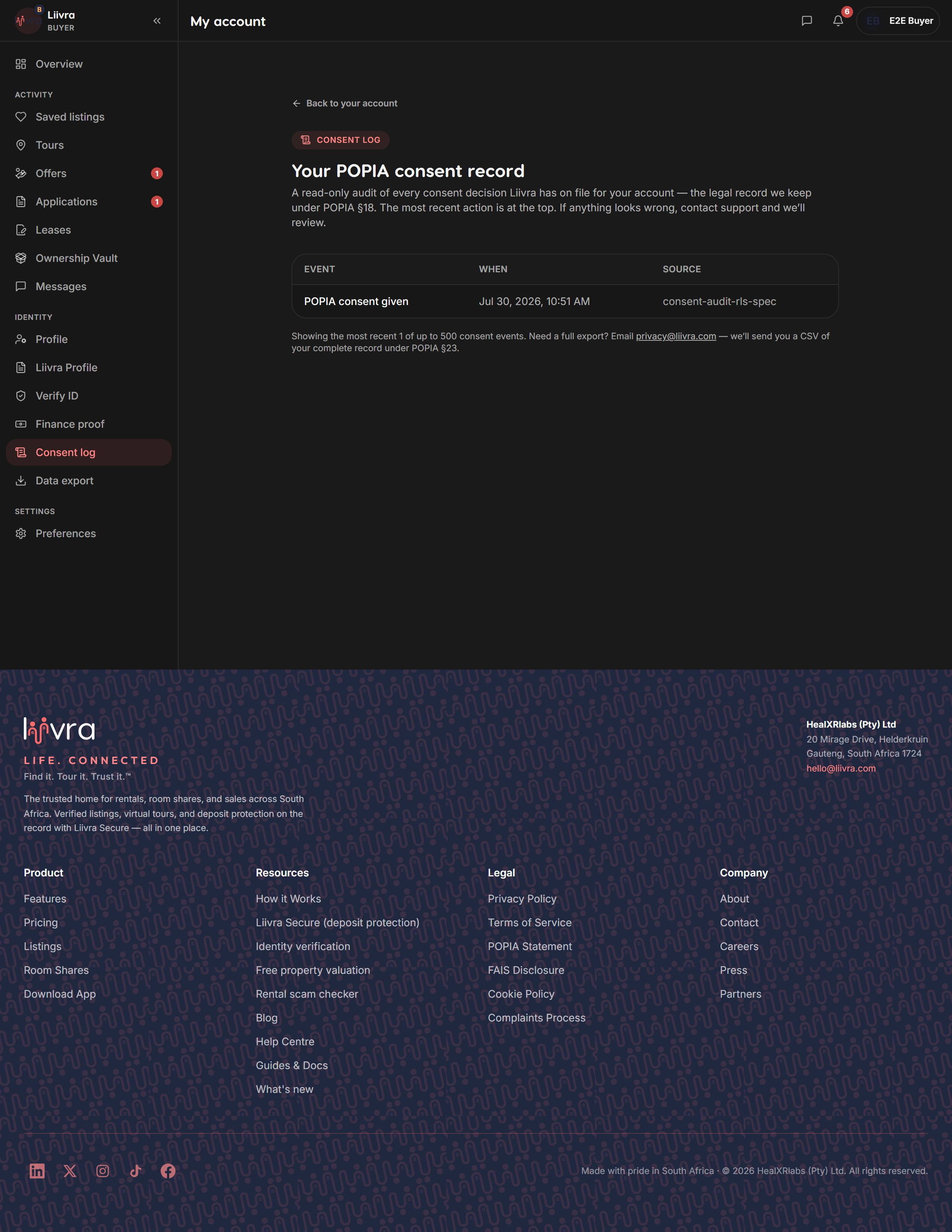 Consent log — Liivra web (dark)