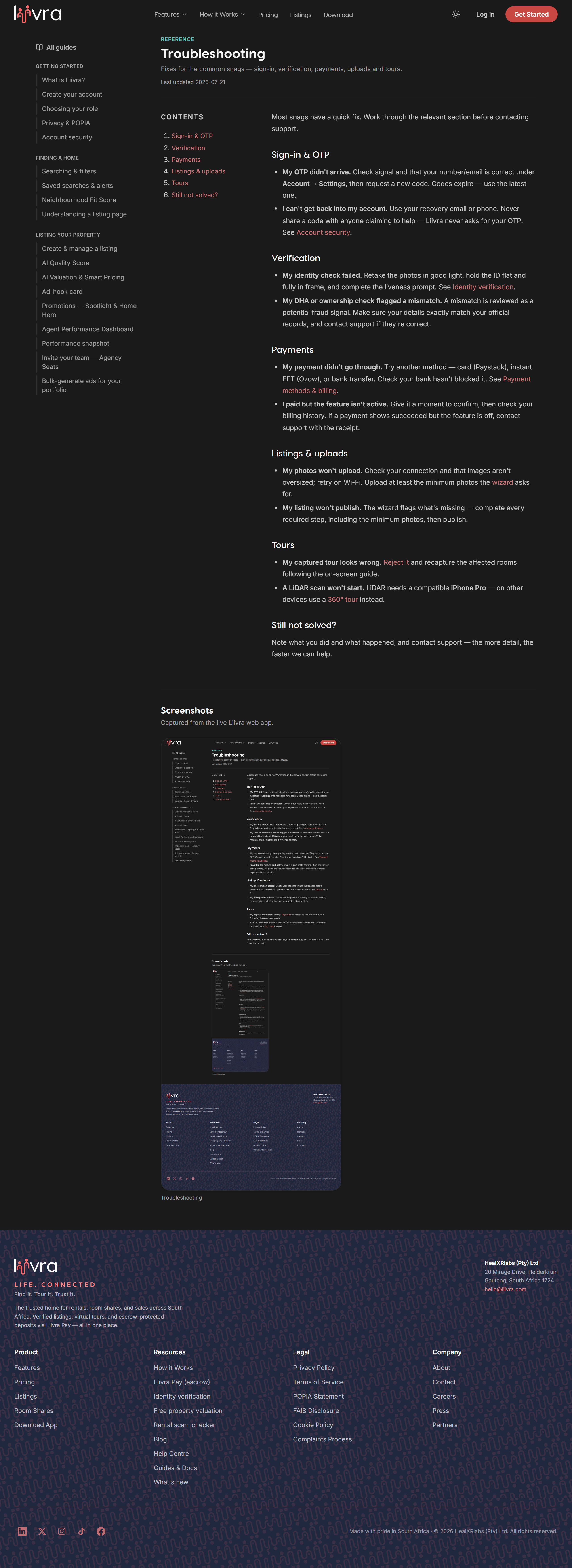Troubleshooting — Liivra web (dark)