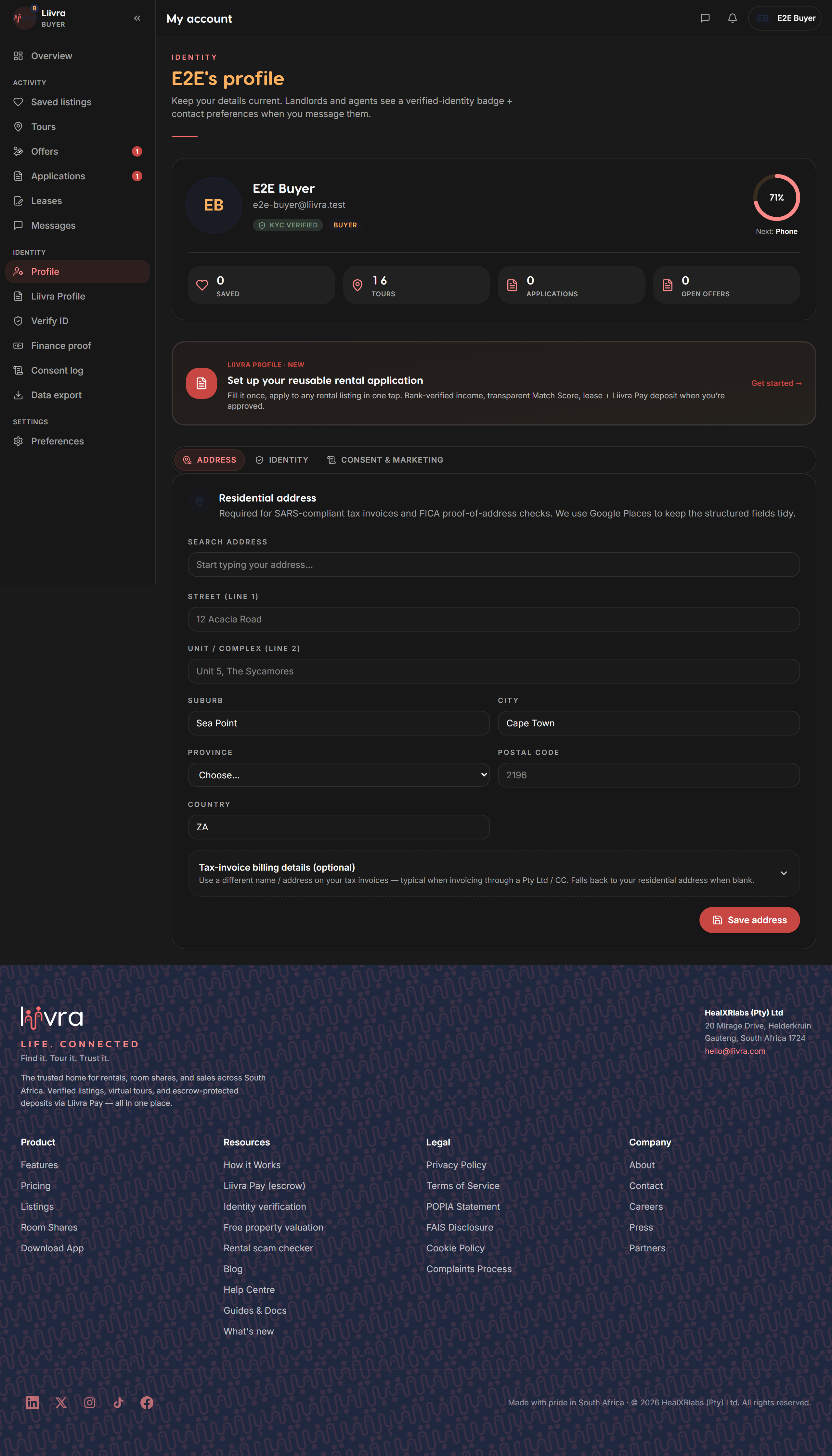 Account profile — Liivra web (dark)